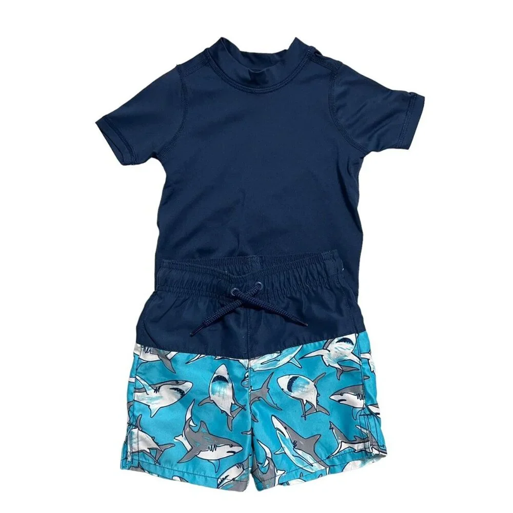 Children's Place Sport 12-18m Blue Shark Swim Trunks & Rashguard Set